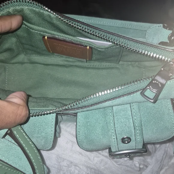 Coach Ashton Mint Green Suede Shoulder Bag with Buckle Pockets NWT - Picture 4 of 11